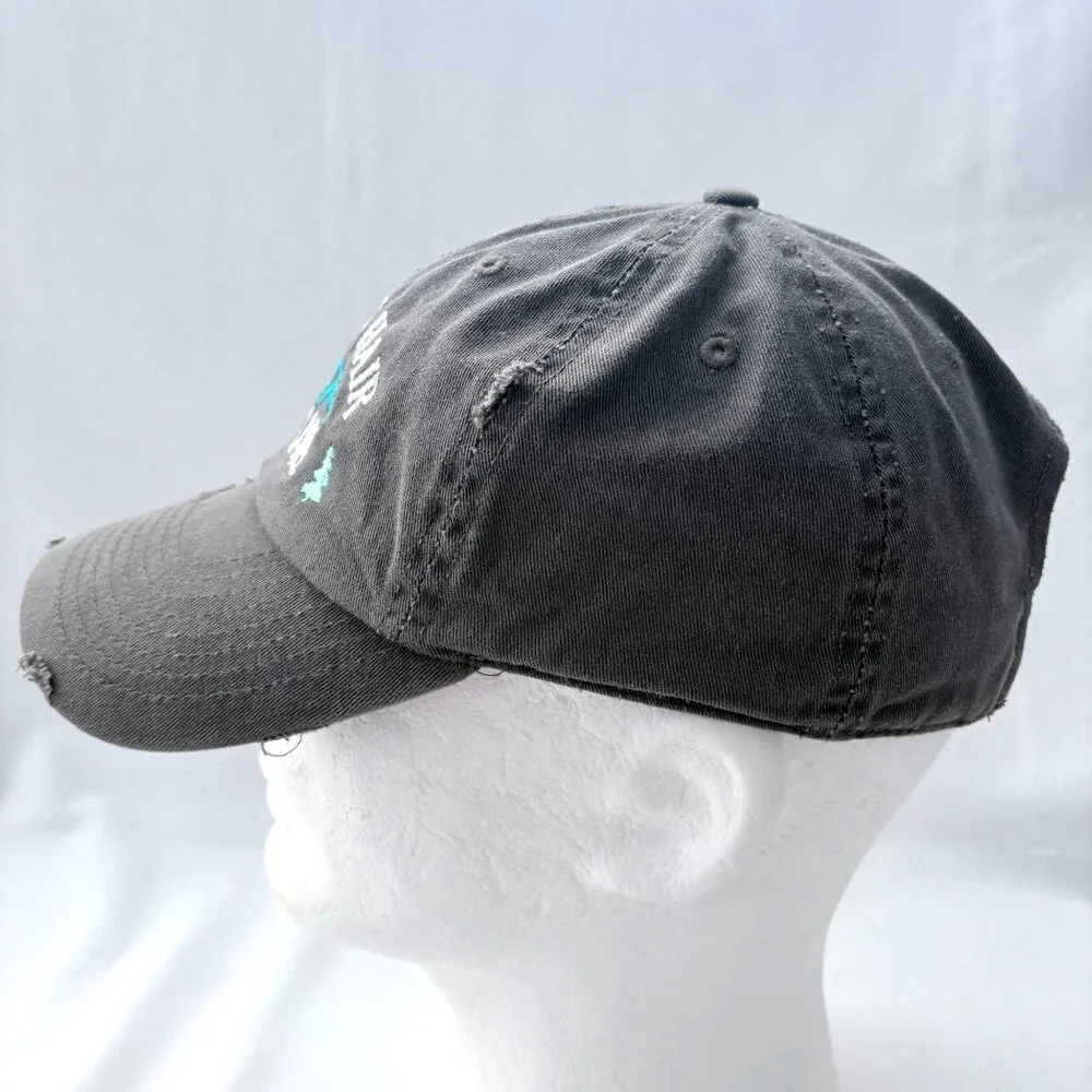 Embroidered Camping‎ Hair Don't Care Gray Distressed Strapback Baseball Cap Hat